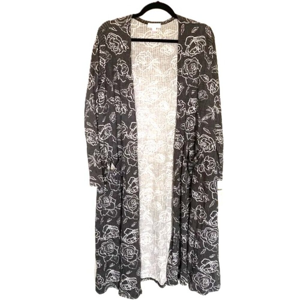 Long Sleeve Cardigan Duster Large Ribbed Black Gray White Roses LuLaRoe Sarah